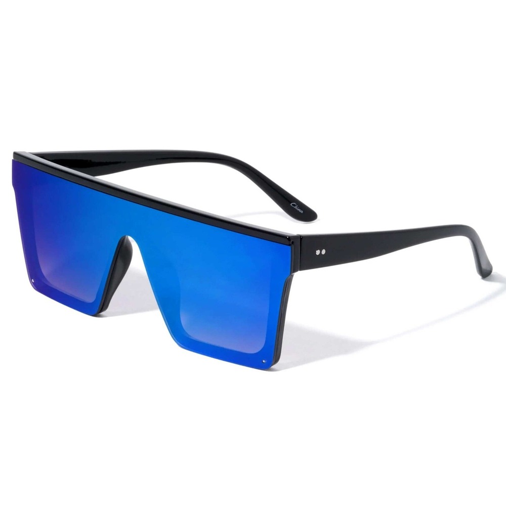 Shield Sunglasses Flat Top Oversized Blue Mirrored Lens Fashion Sunglasses Gafas - Picture 9 of 12